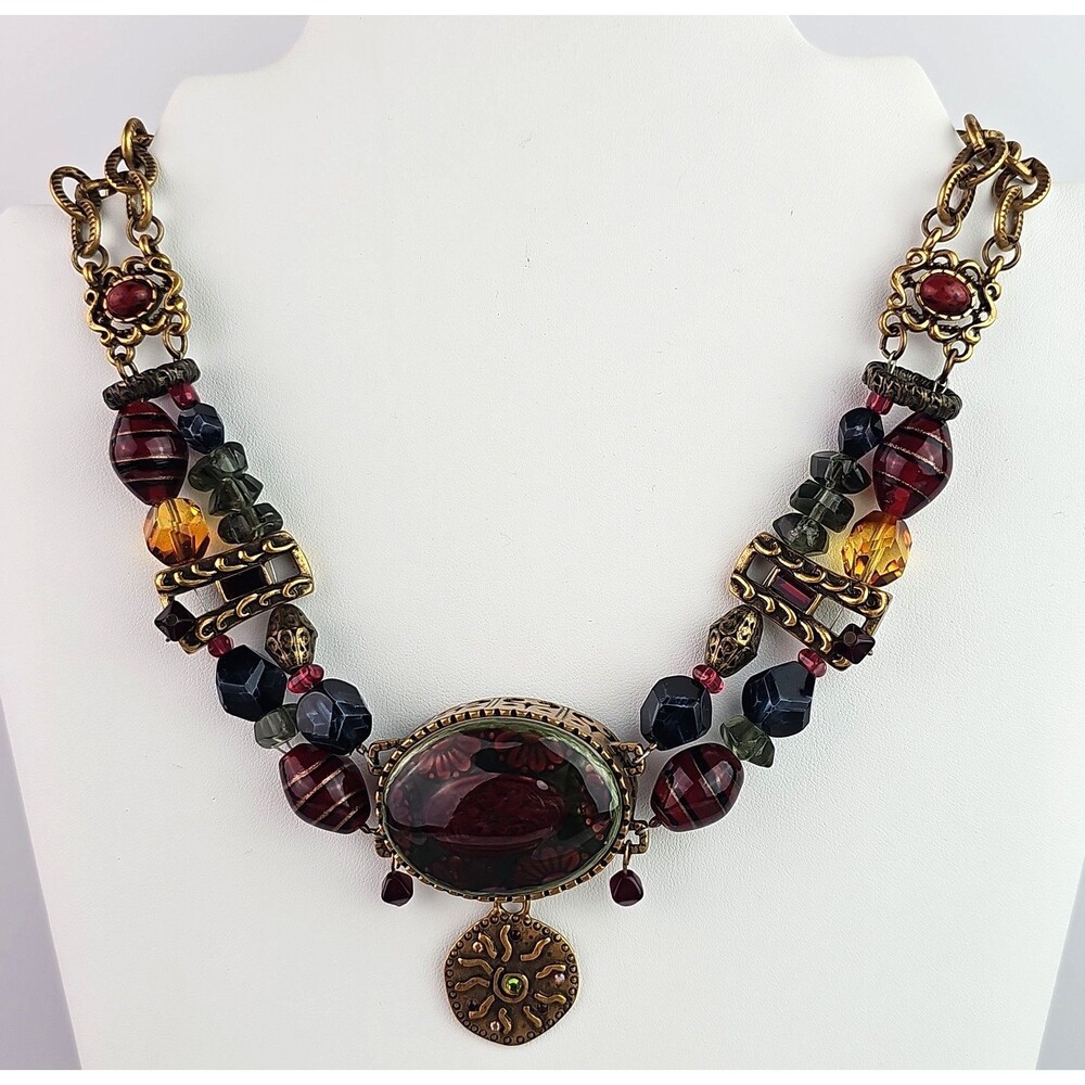 Chicos Multi Strand Necklace Dark Red Ornate Beads Design Gold Tone Statement